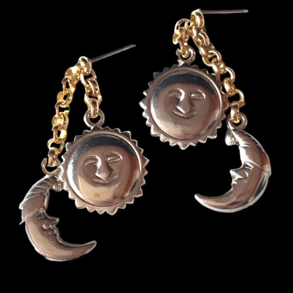 Celestial sun and moon silver and gold tone post earrings